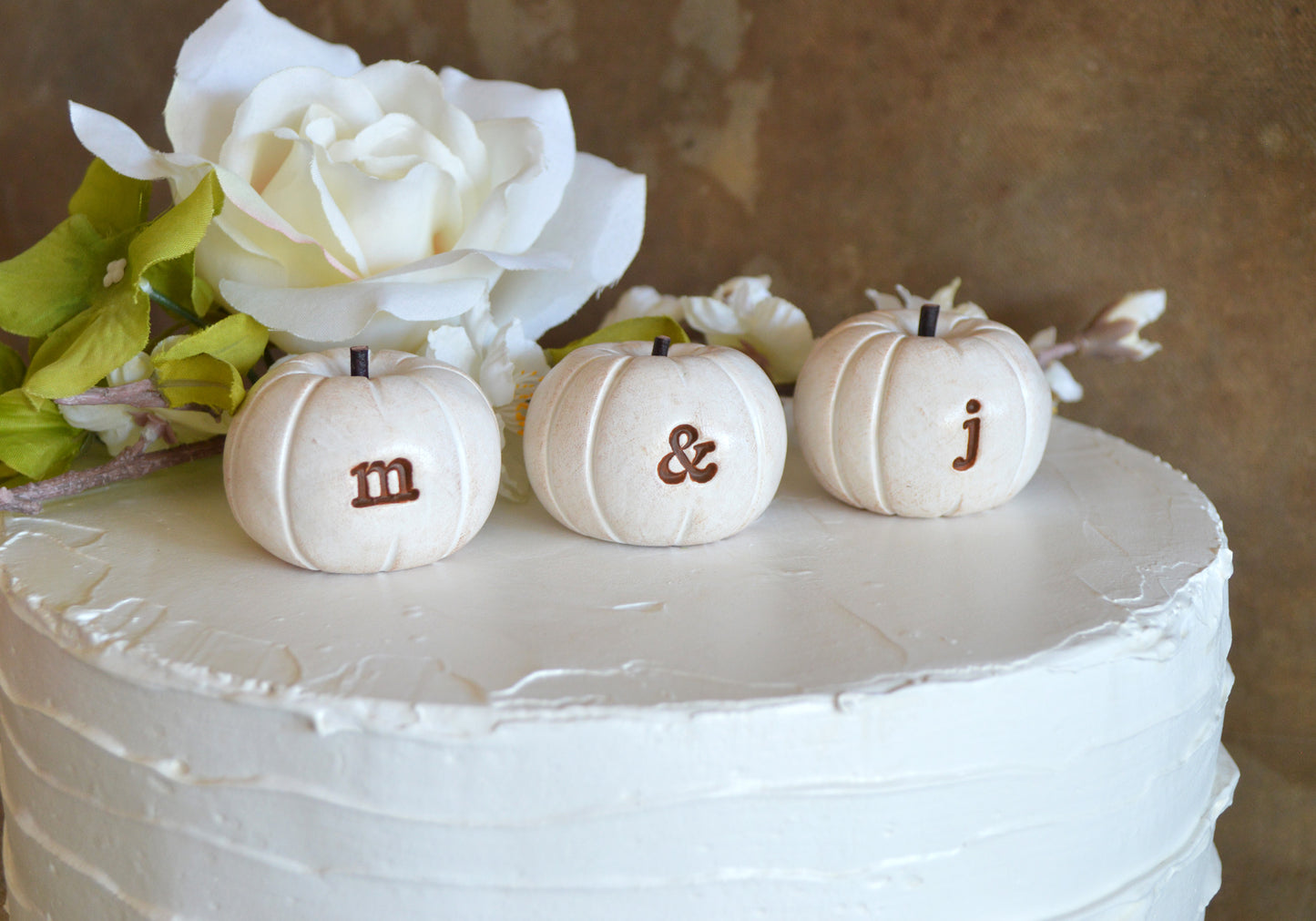 Custom personalized initials wedding cake topper white pumpkins / FREE SHIPPING