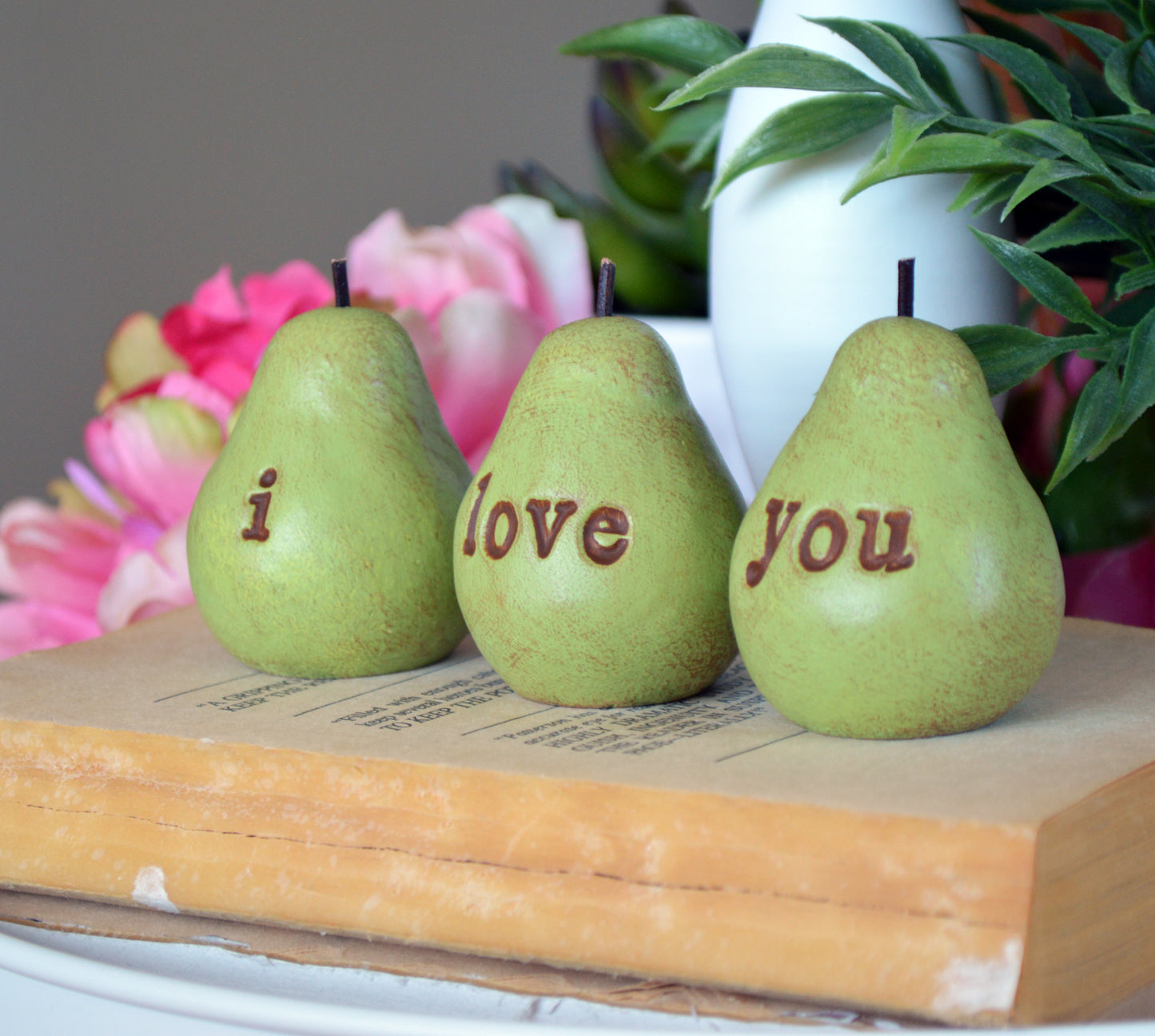 Set of 3 rustic green i love you pears / FREE SHIPPING