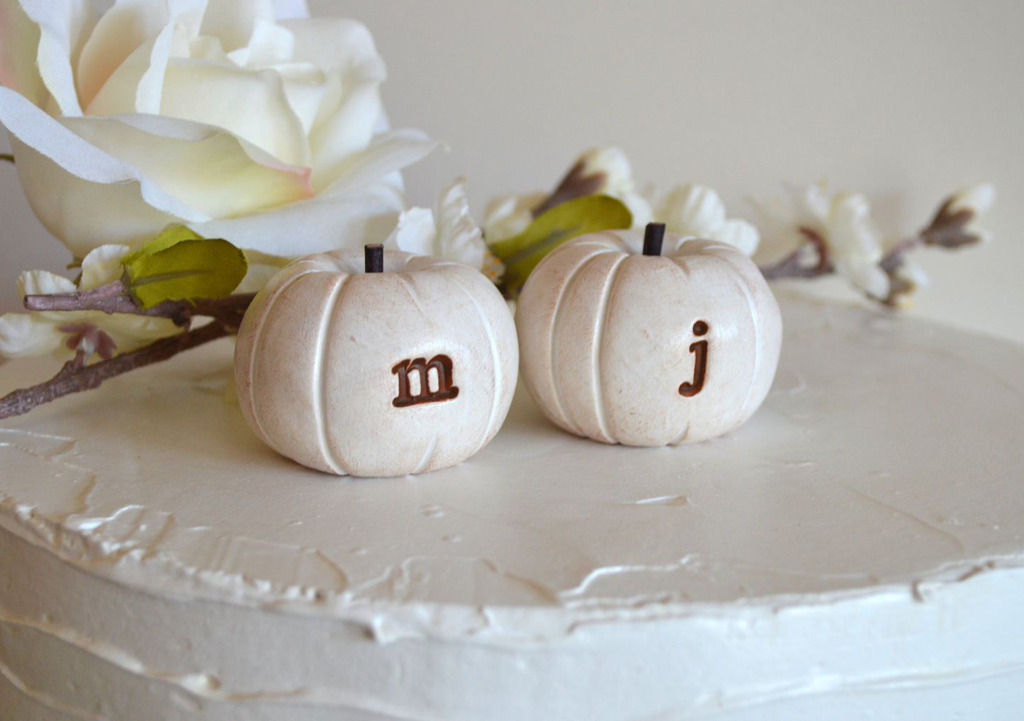 Custom personalized initials wedding cake topper white pumpkins / FREE SHIPPING