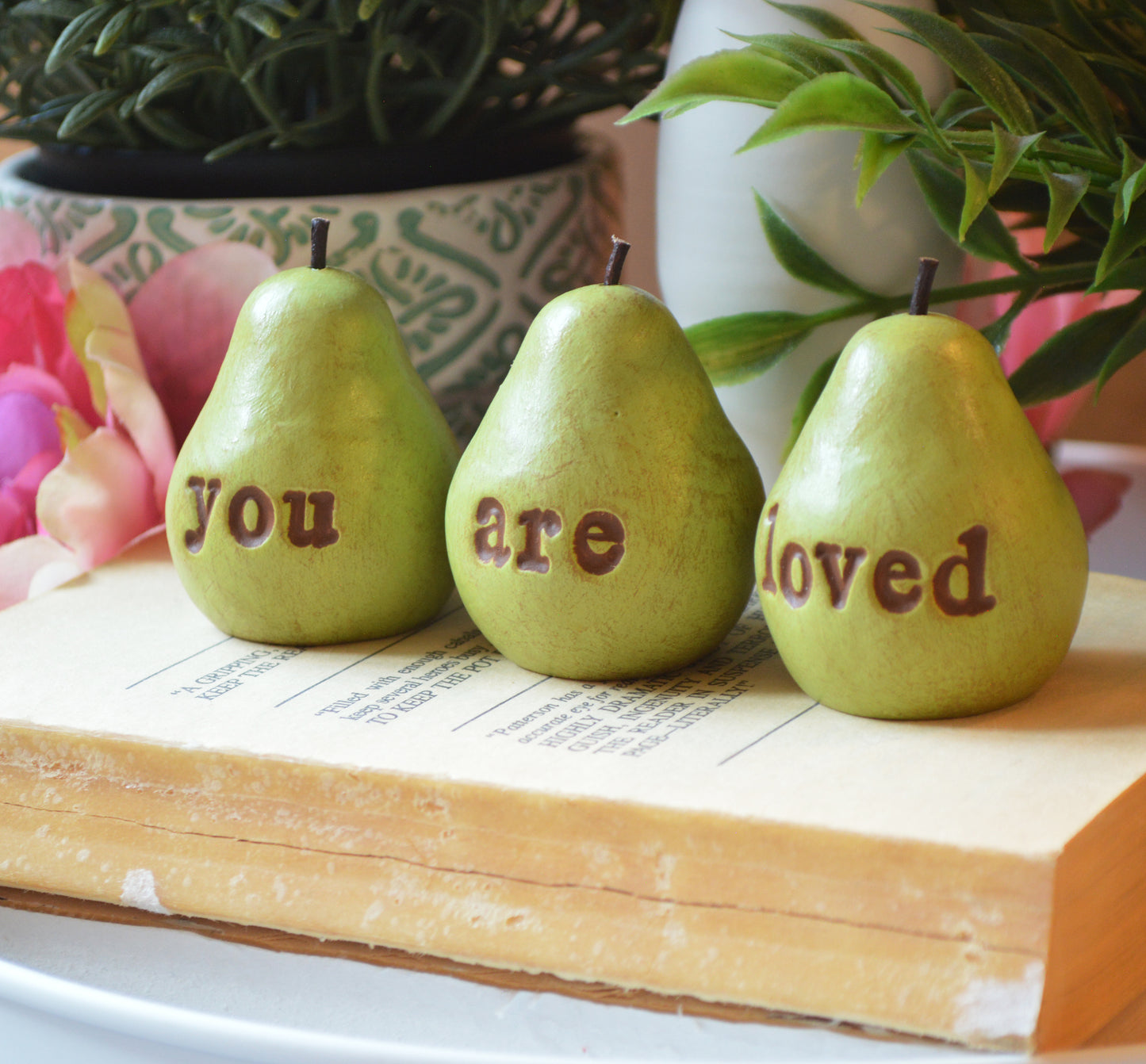 3 rustic green you are loved pears / FREE SHIPPING