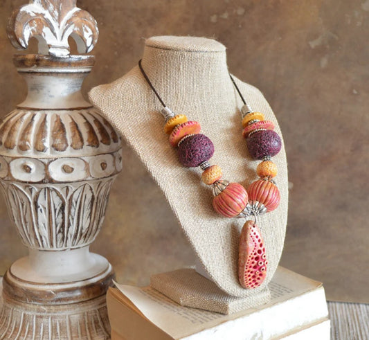 One of a kind statement beaded necklace polymer clay pendant, purple and corals