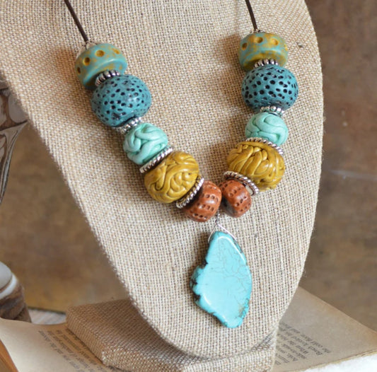 One of a kind statement beaded necklace agate pendant / earthy vintage feel blues