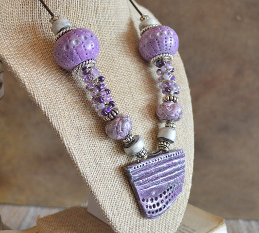 One of a kind statement beaded necklace polymer clay pendant, violet hues