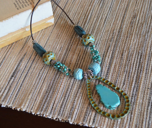 One of a kind statement beads polymer clay pendant necklace / earthy turquoise blues