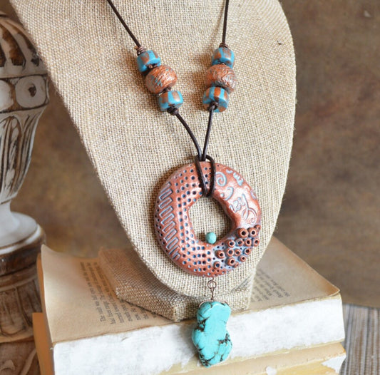 One of a kind statement necklace copper and turquoise polymer clay pendant