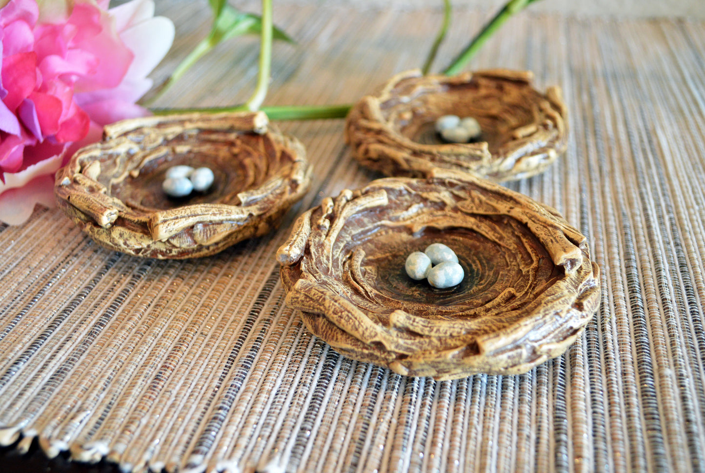 Bird nest dish, clay nest with blue eggs robin nest trinket mini dish plate bowl, unique Spring Summer gift Easter tiered tray decor