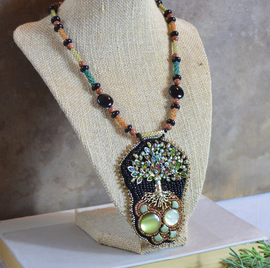 One of a kind huge bead embroidery statement necklace / tree of life