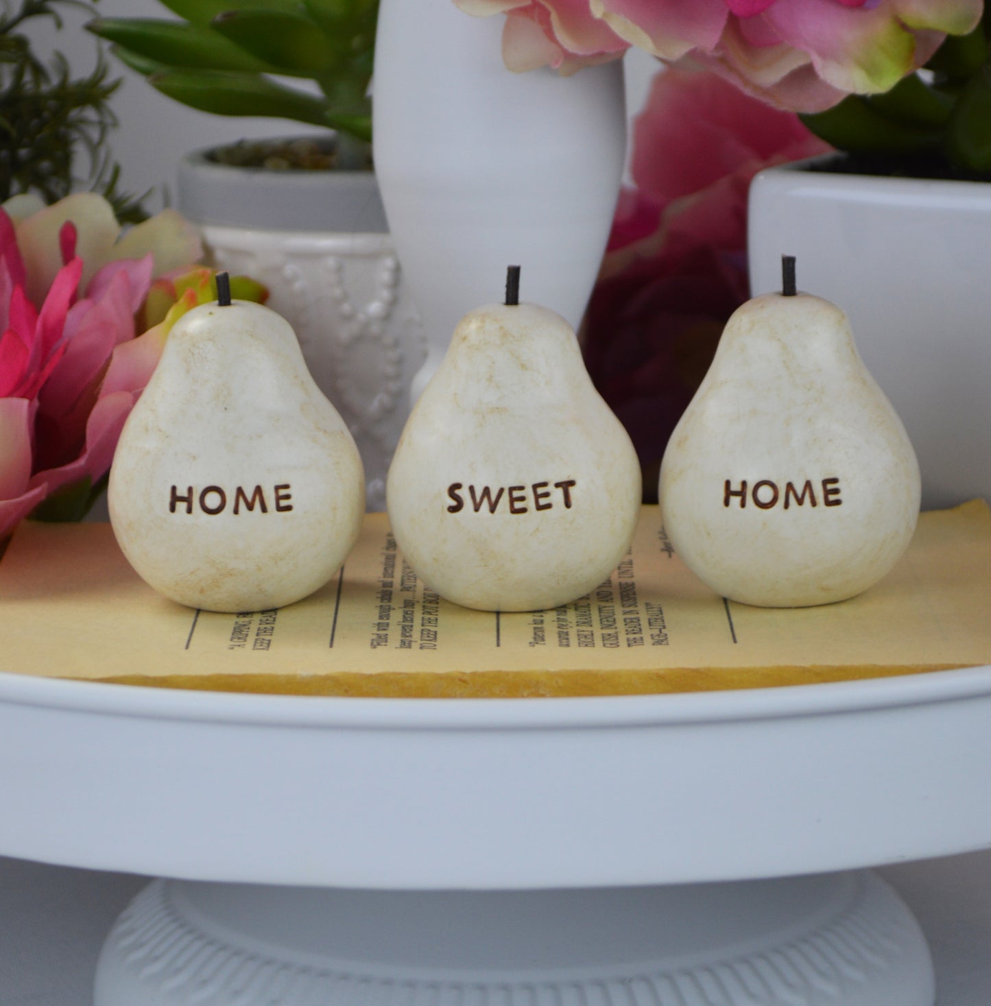 3 rustic white home sweet home pears / FREE SHIPPING