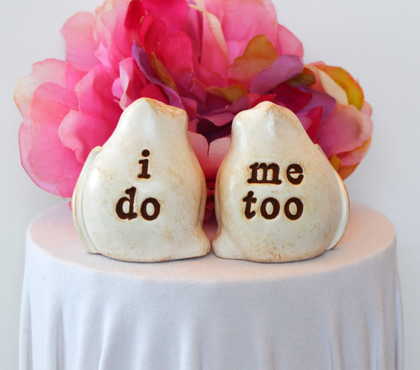 Cat wedding cake topper...vintage white i do, me too kitties / fat cats handmade toppers