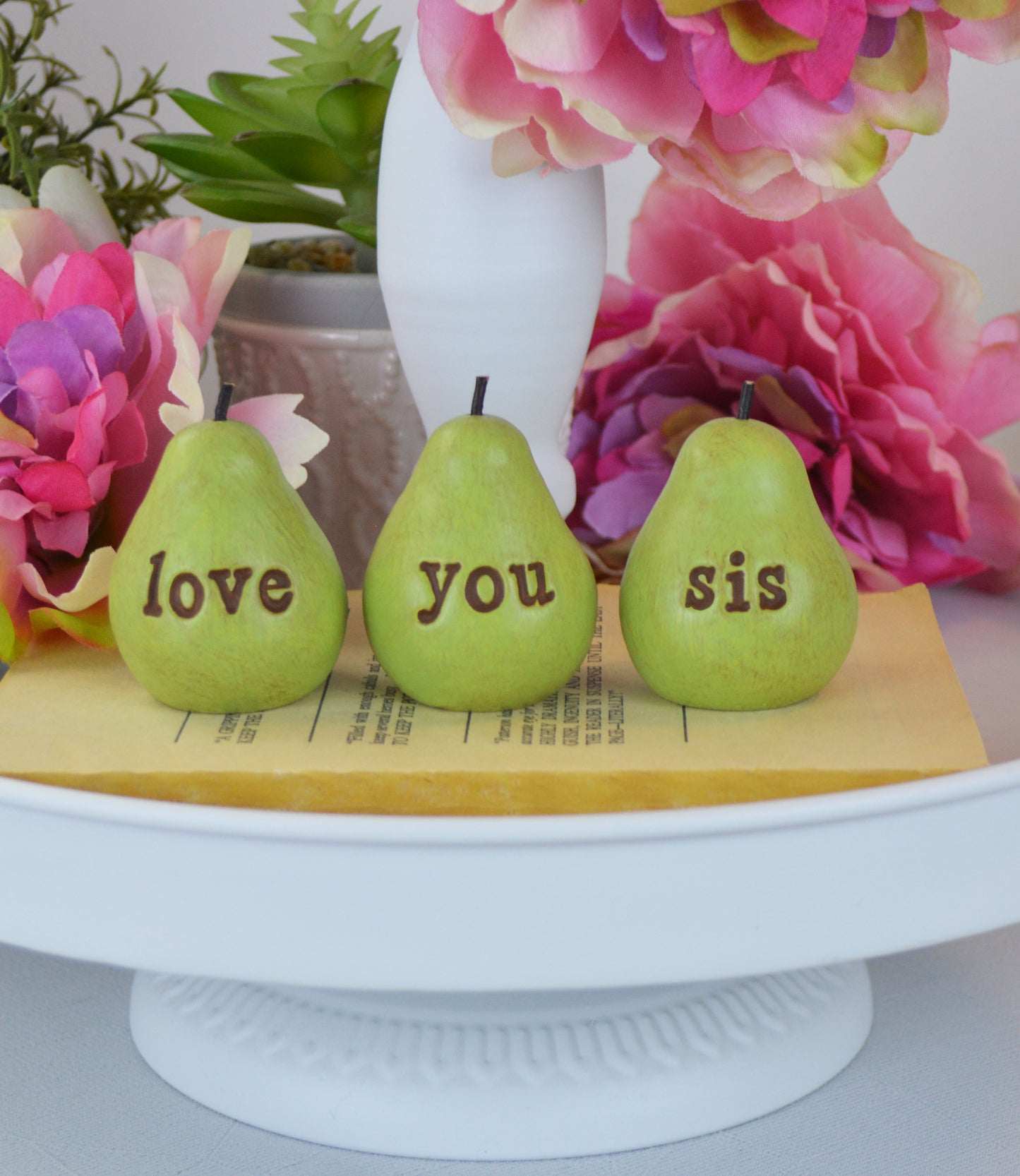 Set of 3 rustic green love you sis pears / FREE SHIPPING