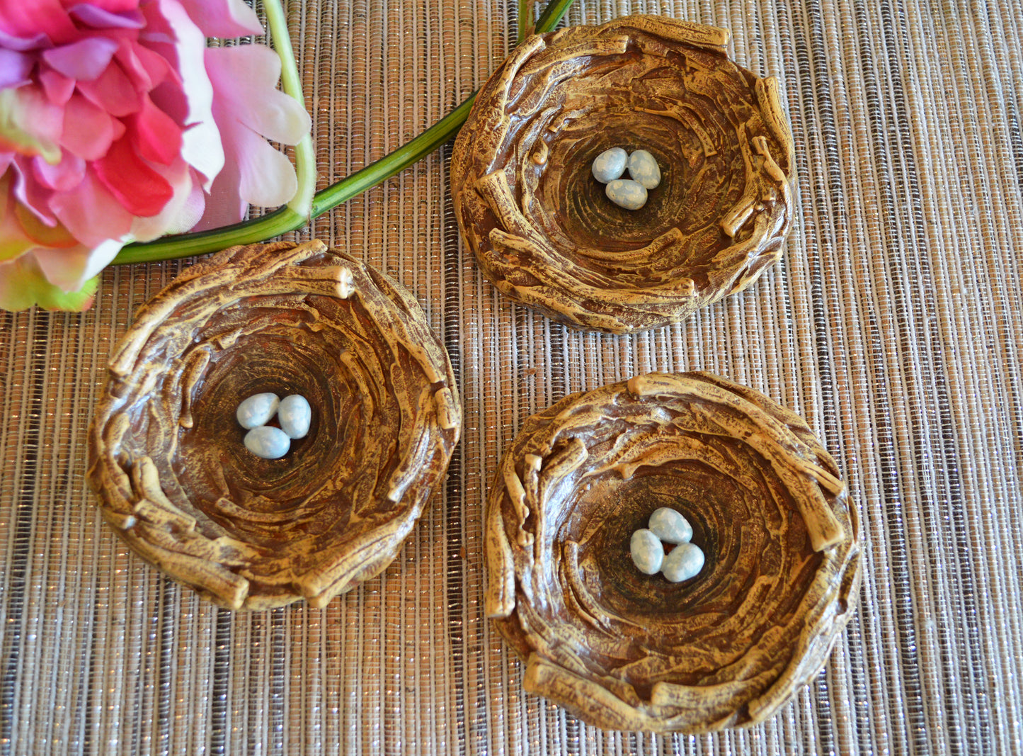 Bird nest dish, clay nest with blue eggs robin nest trinket mini dish plate bowl, unique Spring Summer gift Easter tiered tray decor