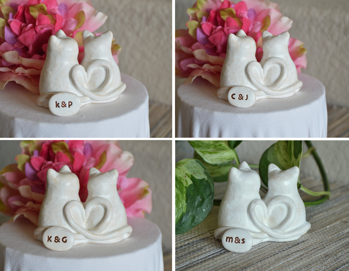 Cats wedding cake topper sweetheart gift / kitties in love w/ optional custom initials, with heart shaped tails