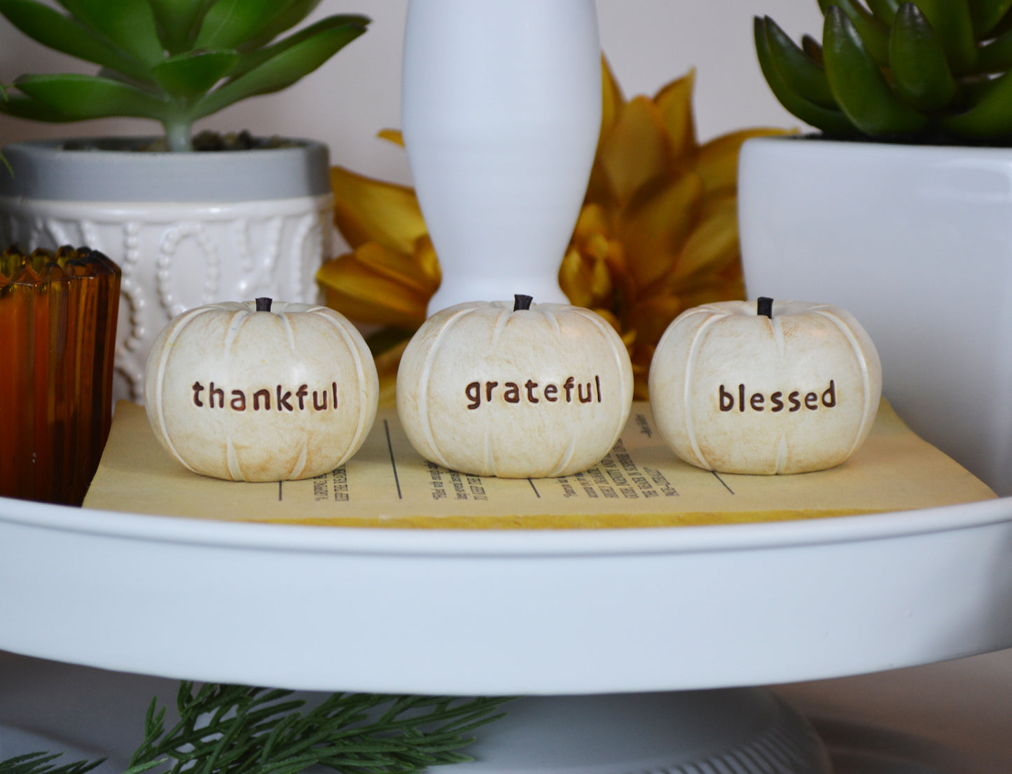 Vintage white thankful grateful blessed pumpkins / tabletop fall gift / FREE SHIPPING