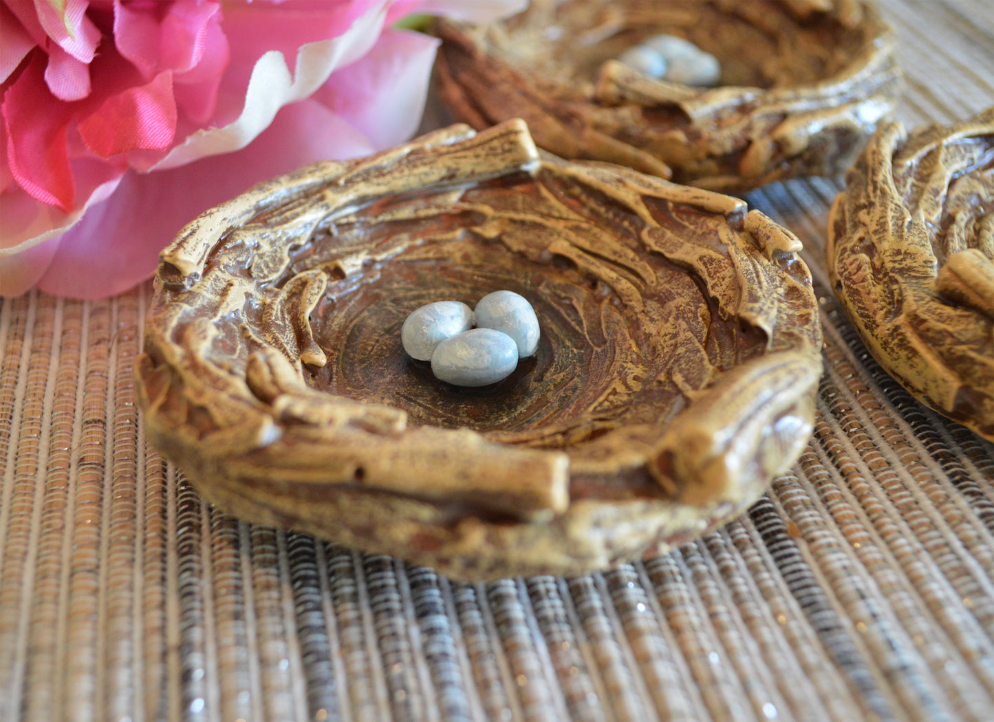 Bird nest dish, clay nest with blue eggs robin nest trinket mini dish plate bowl, unique Spring Summer gift Easter tiered tray decor