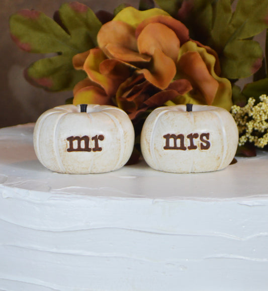 Wedding cake topper...vintage white mr mrs pumpkins...fall and autumn decor / FREE SHIPPING