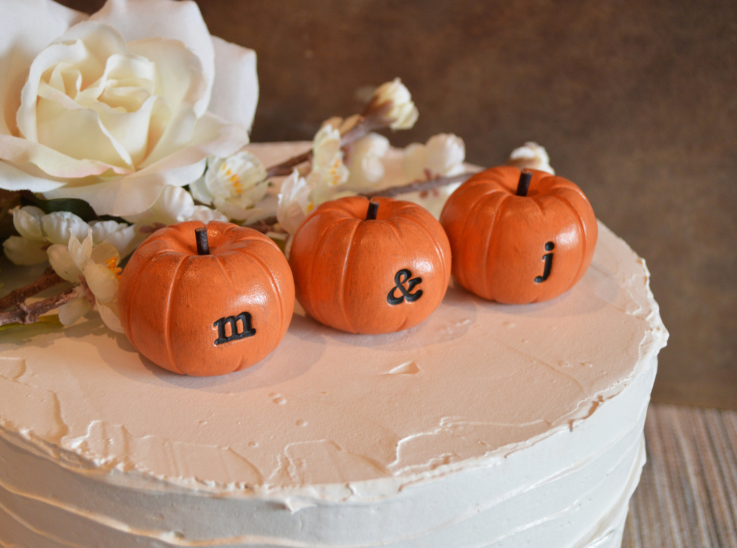 Custom personalized initials wedding cake topper orange pumpkins / FREE SHIPPING