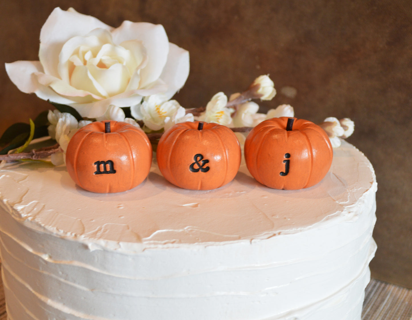 Custom personalized initials wedding cake topper orange pumpkins / FREE SHIPPING