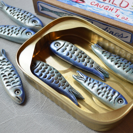 Handmade Clay Sardines in Tin with Original Art Label