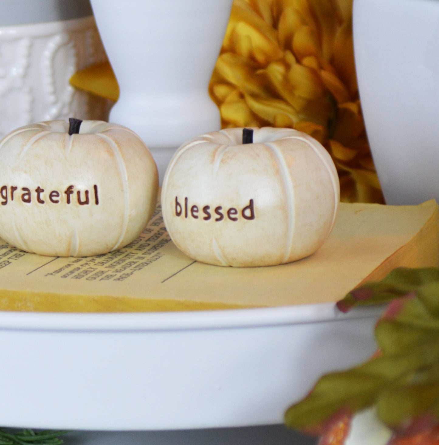 Vintage white thankful grateful blessed pumpkins / tabletop fall gift / FREE SHIPPING