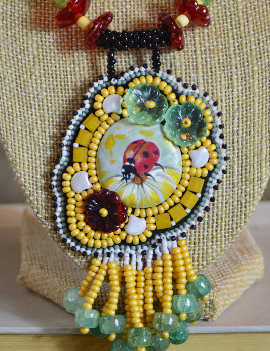 One of a kind huge bead embroidery statement necklace, insect ladybug jewelry
