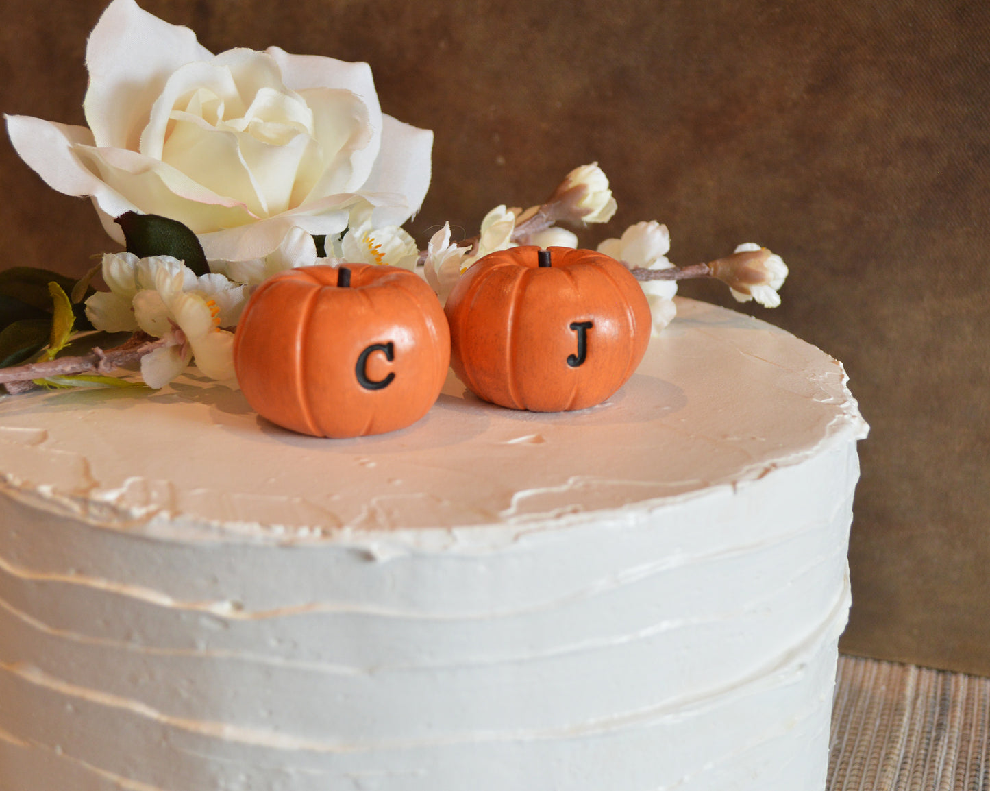 Custom personalized initials wedding cake topper orange pumpkins / FREE SHIPPING