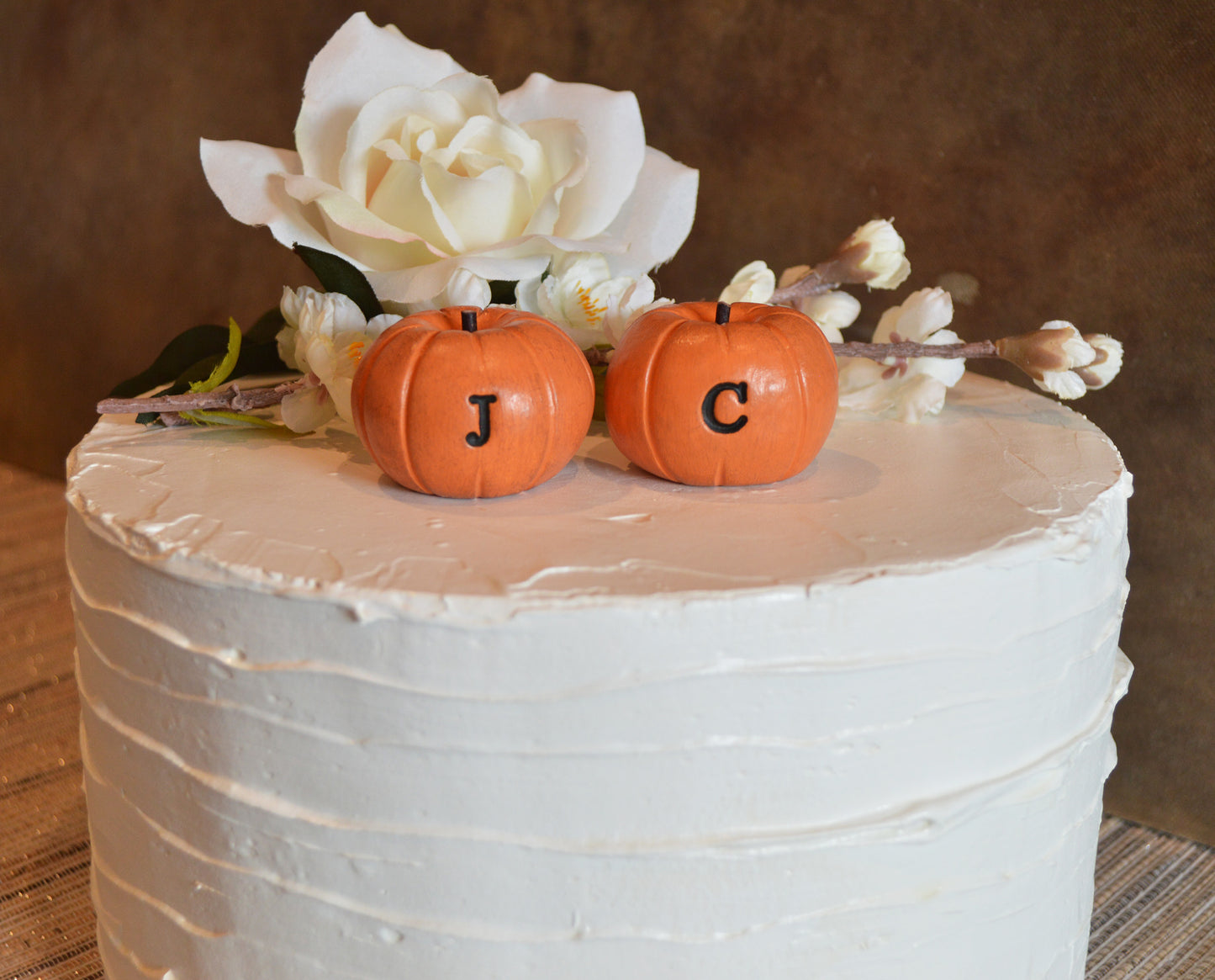 Custom personalized initials wedding cake topper orange pumpkins / FREE SHIPPING