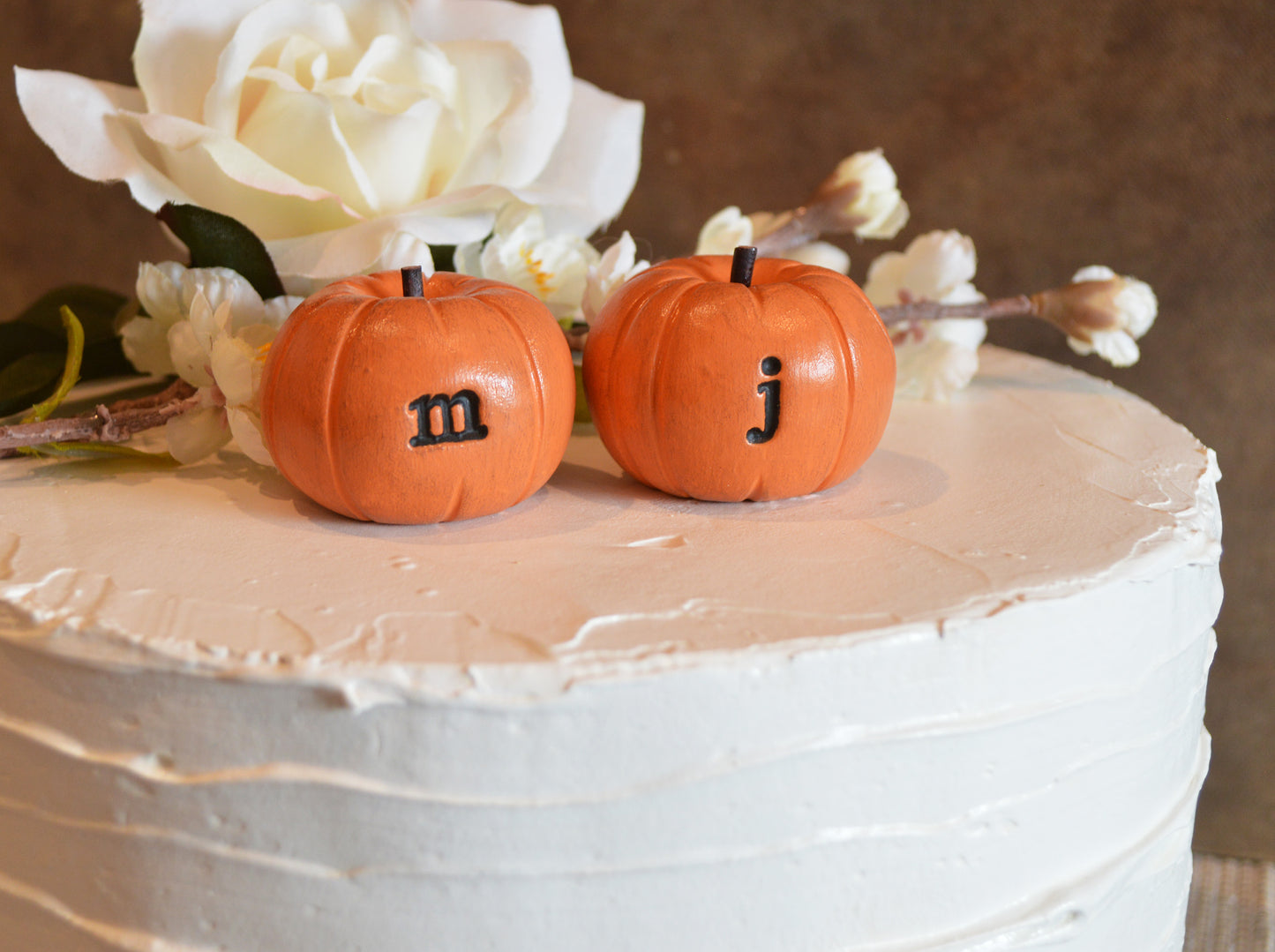 Custom personalized initials wedding cake topper orange pumpkins / FREE SHIPPING