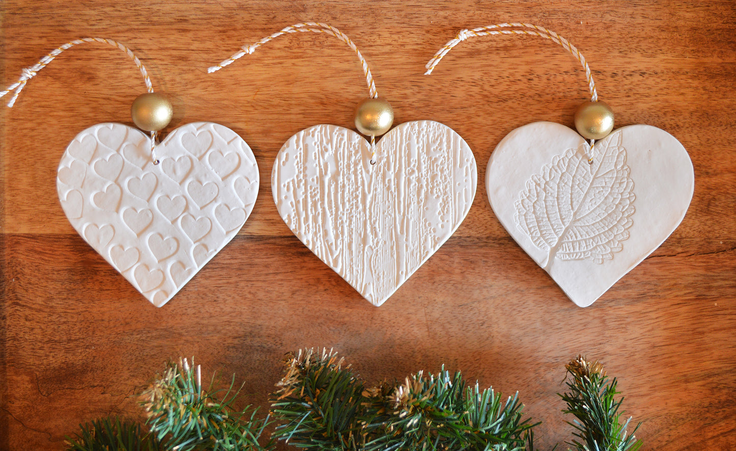 3 pure white heart shaped ornaments