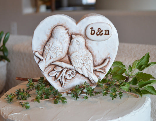 Lovebirds snuggling in a heart wedding cake topper / personalized with your initials and colors / great custom bespoke anniversary gift