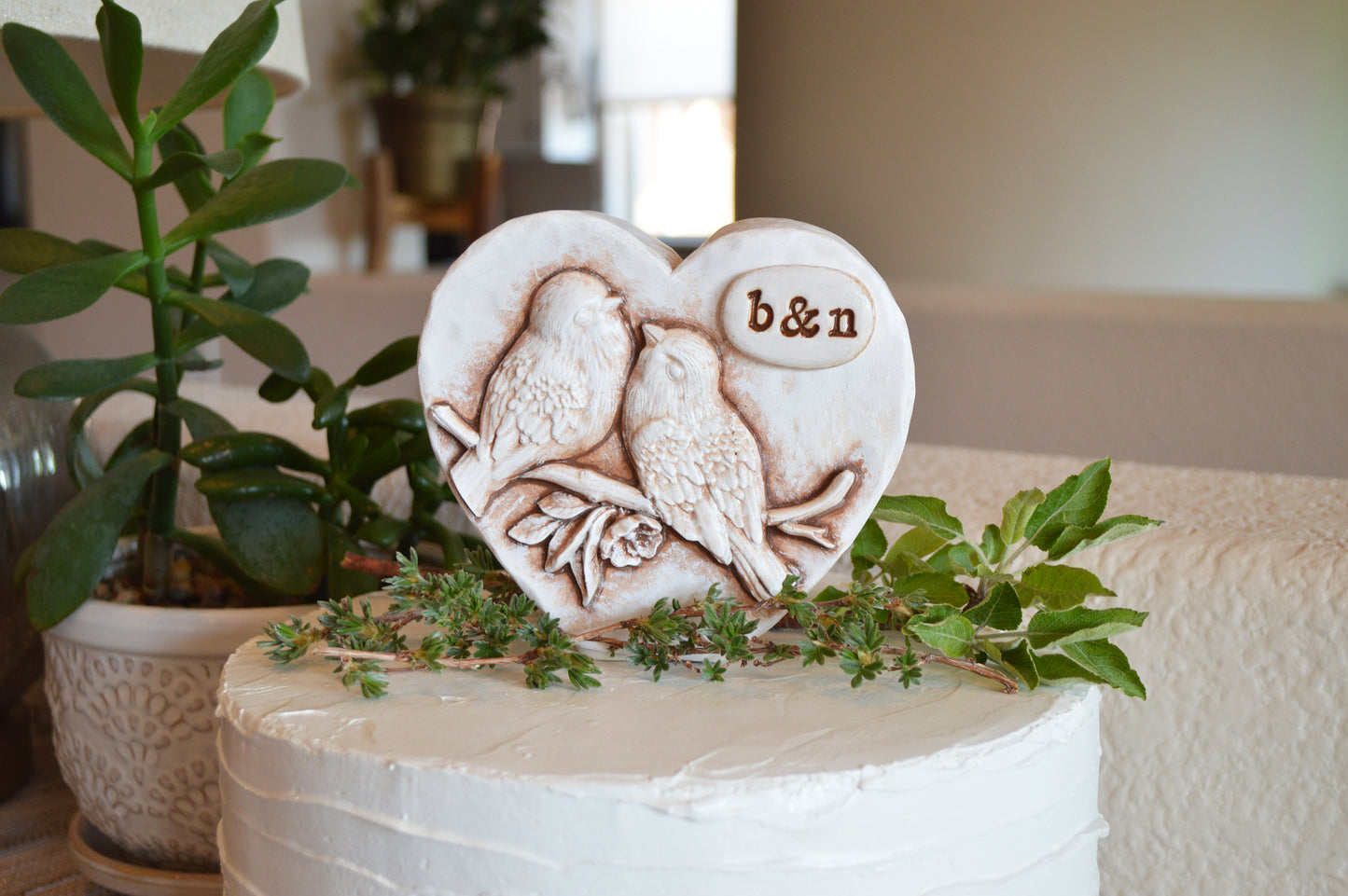 Lovebirds snuggling in a heart wedding cake topper / personalized with your initials and colors / great custom bespoke anniversary gift