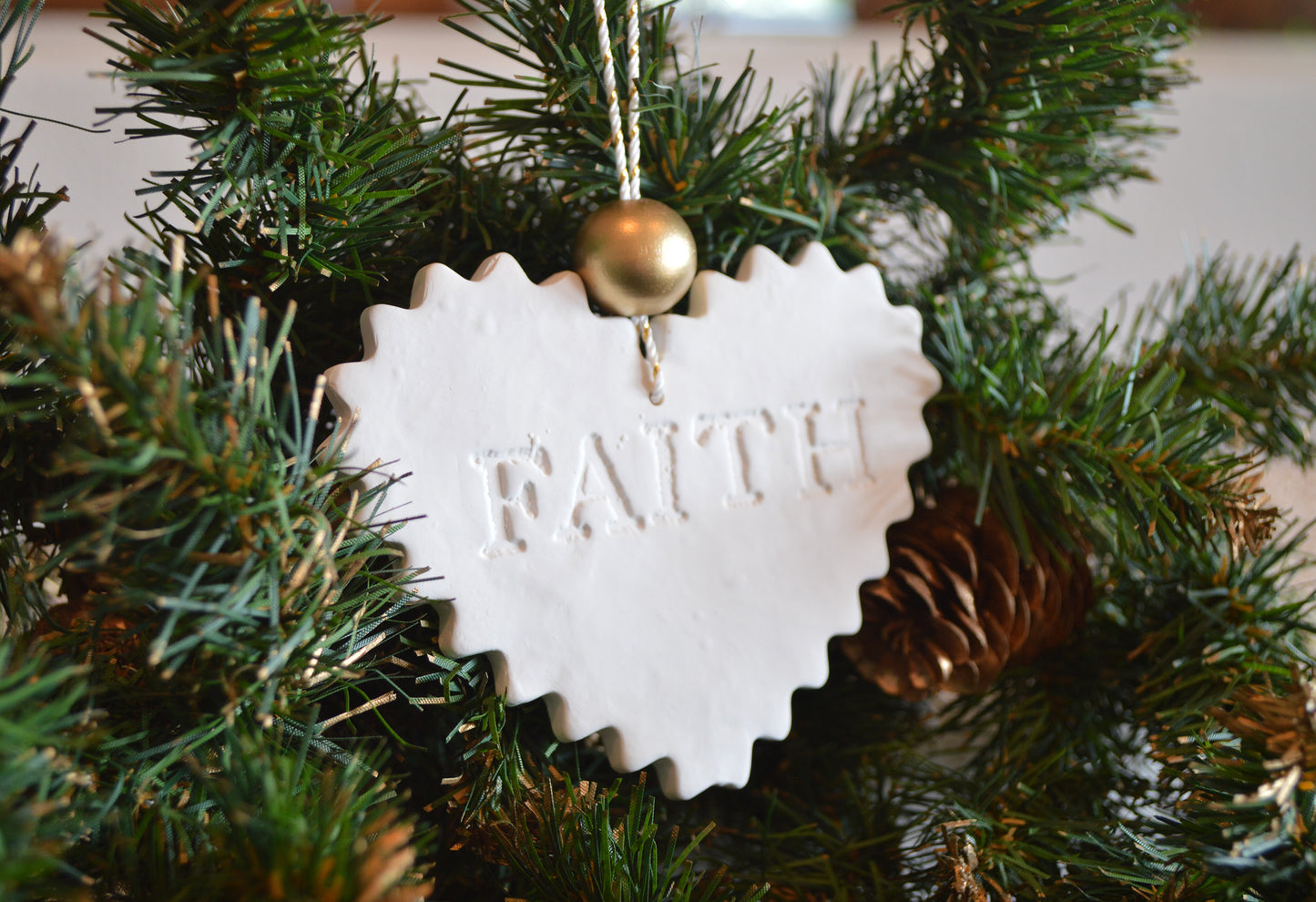 3 pure white "faith hope love" ornaments