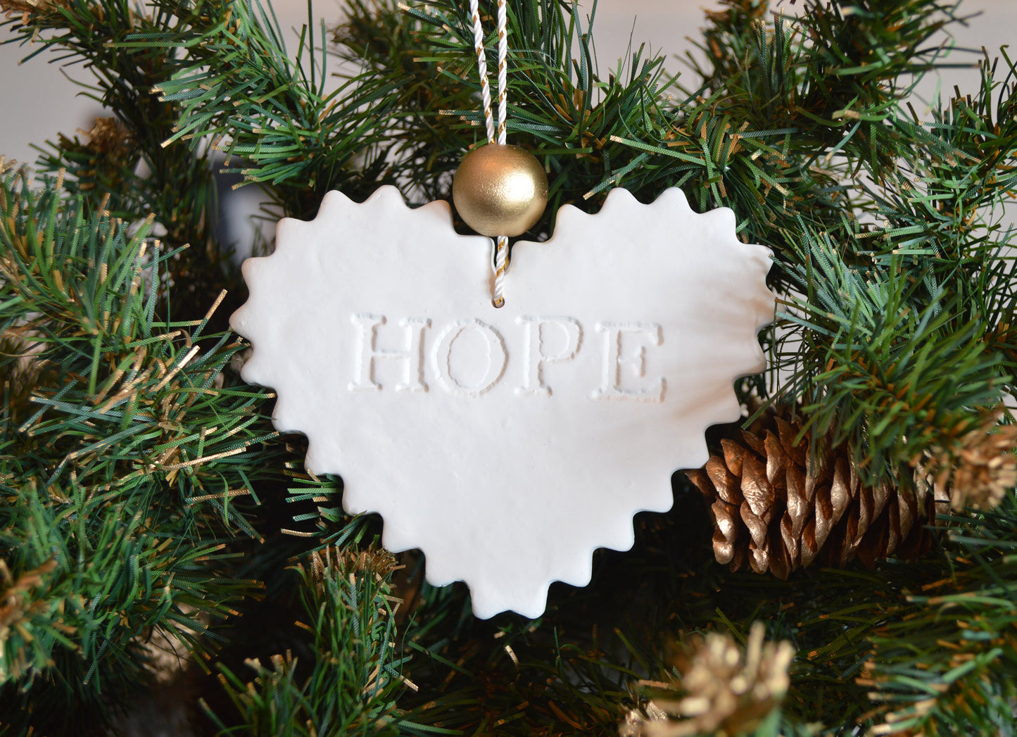 3 pure white "faith hope love" ornaments