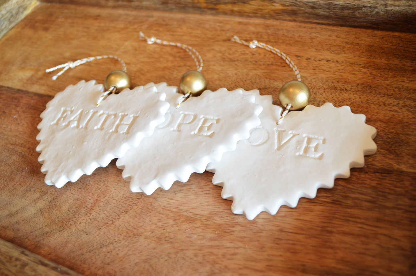 3 pure white "faith hope love" ornaments