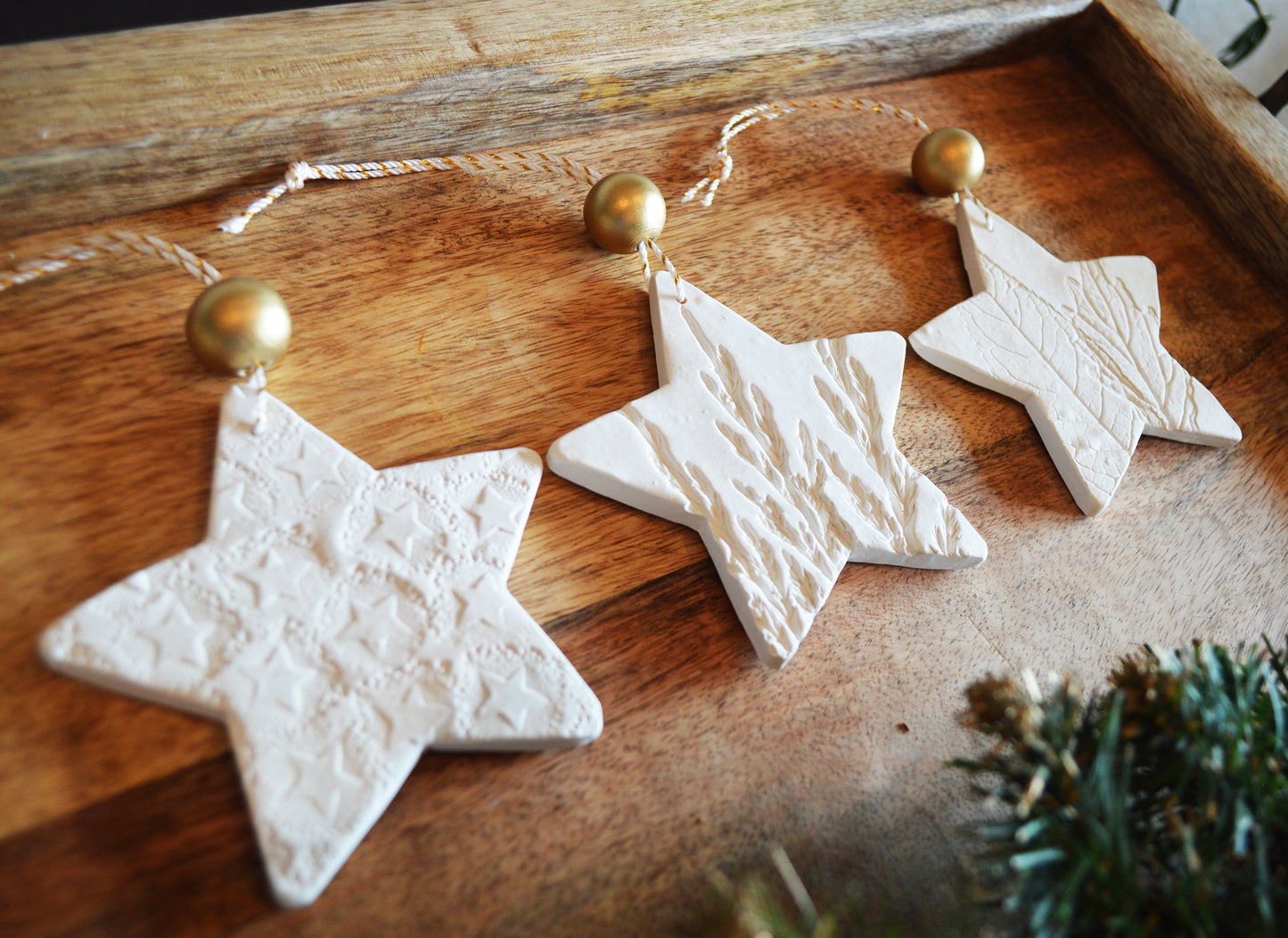 3 pure white star shaped ornaments