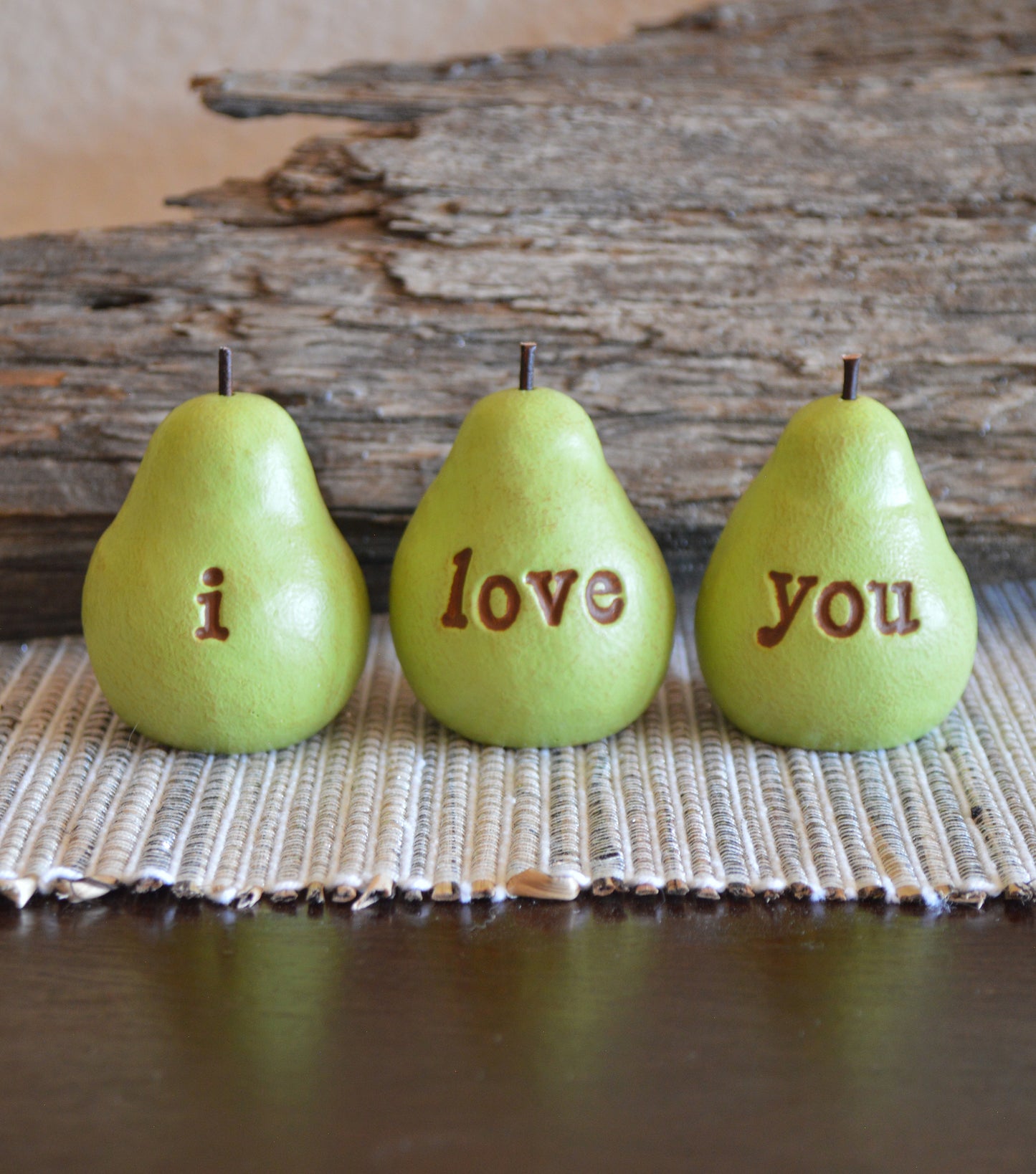 Set of 3 rustic green i love you pears / FREE SHIPPING