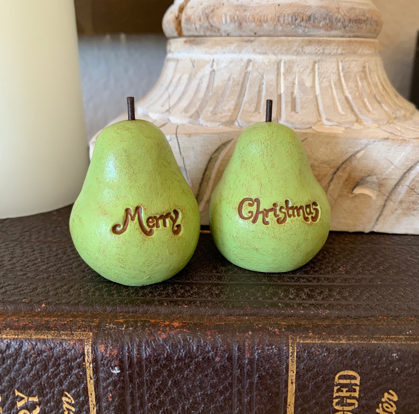 2 vintage style green Merry Christmas pears