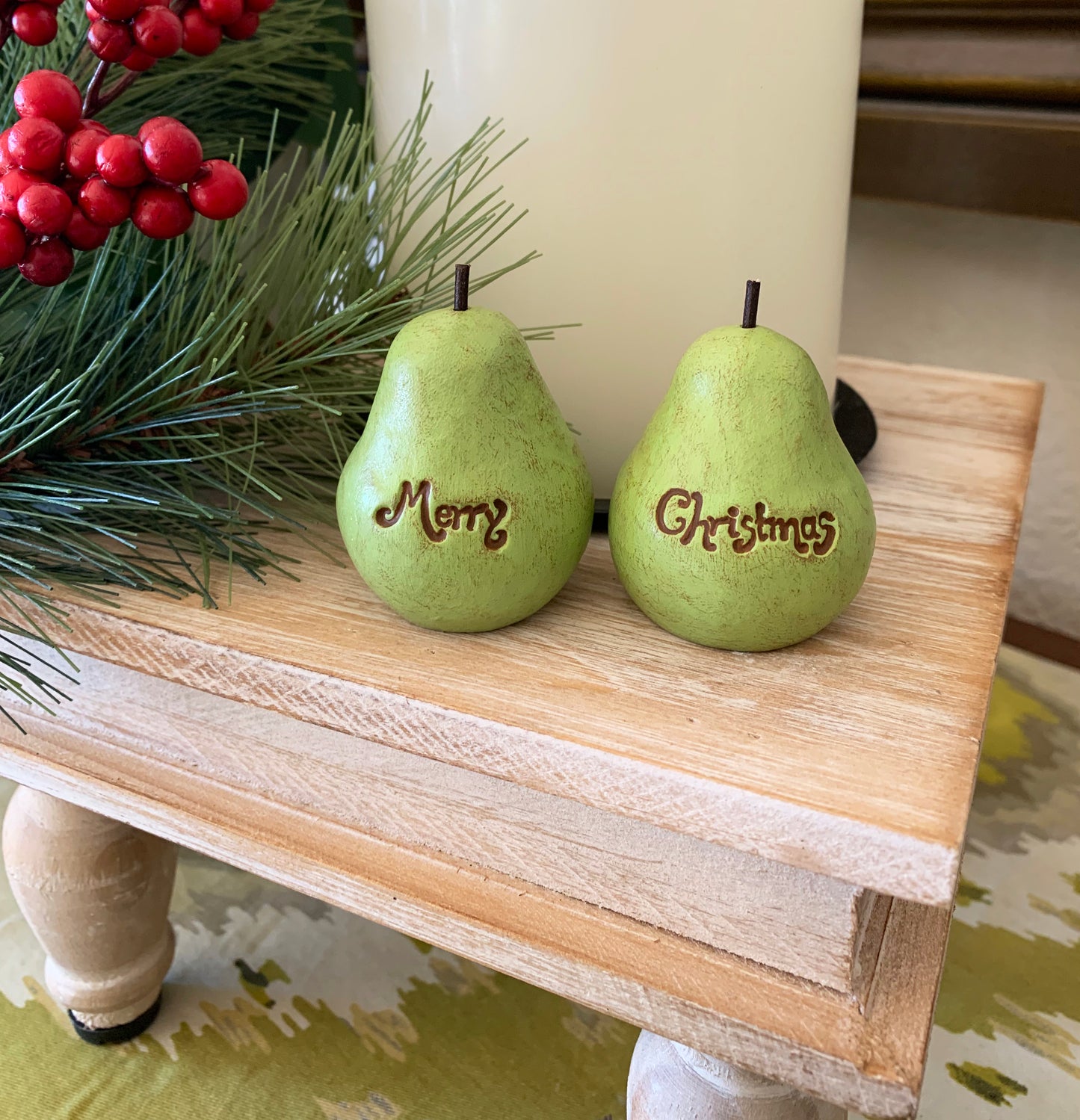 2 vintage style green Merry Christmas pears