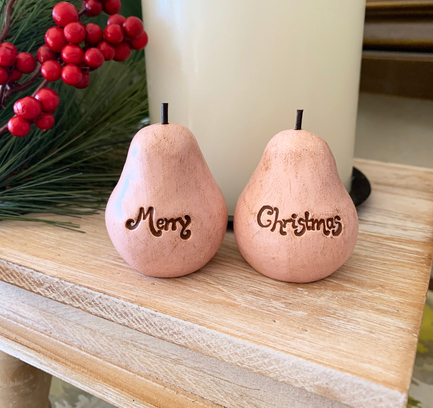 2 vintage style pink Merry Christmas pears