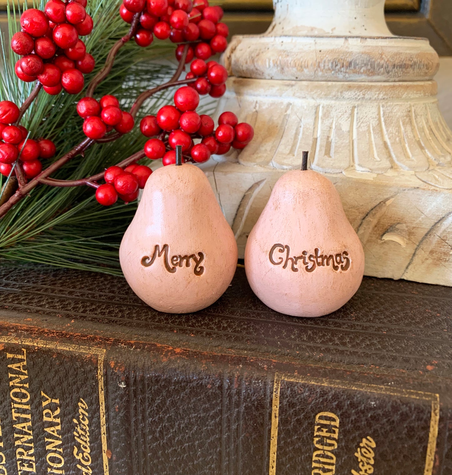 2 vintage style pink Merry Christmas pears