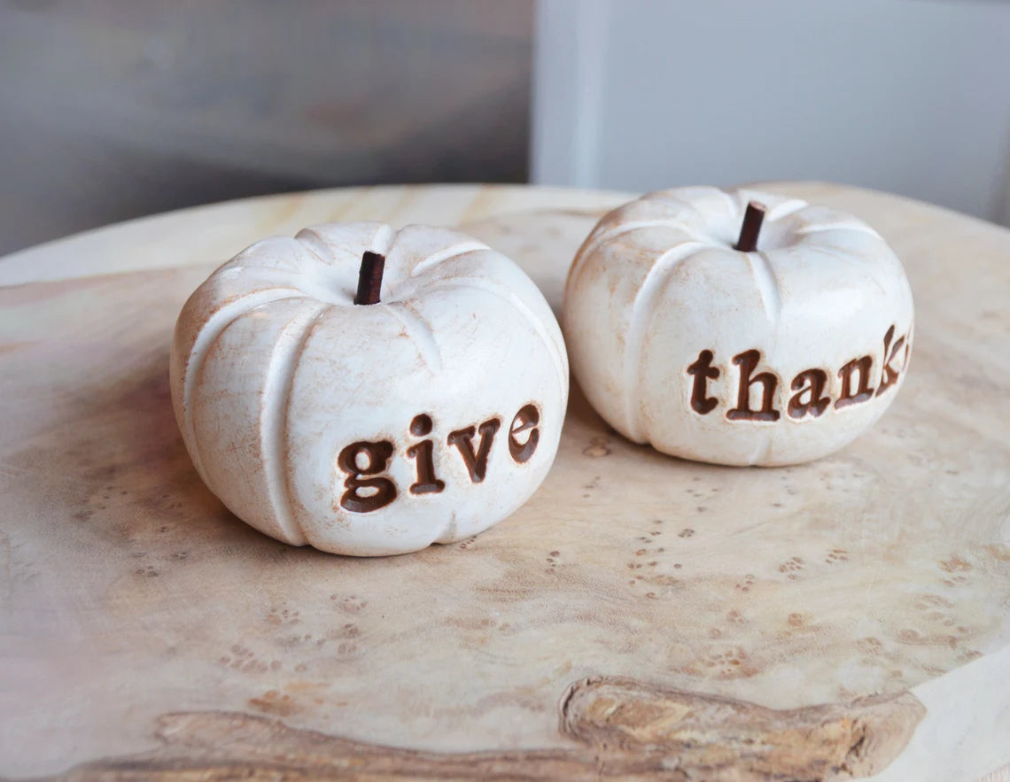 Vintage white give thanks pumpkins / Thanksgiving hostess gift / FREE SHIPPING