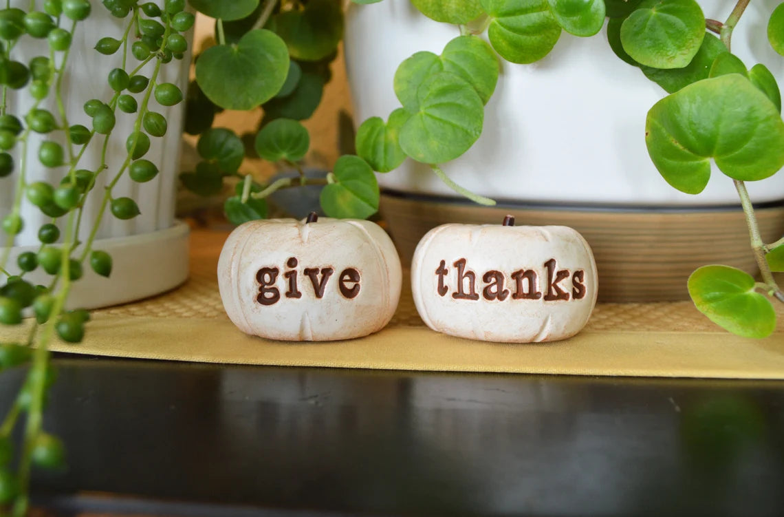 Vintage white give thanks pumpkins / Thanksgiving hostess gift / FREE SHIPPING