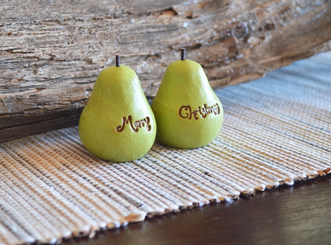 2 vintage style green Merry Christmas pears