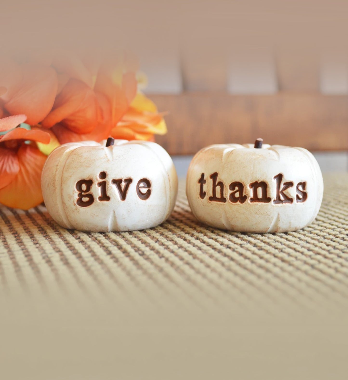 Vintage white give thanks pumpkins / Thanksgiving hostess gift / FREE SHIPPING